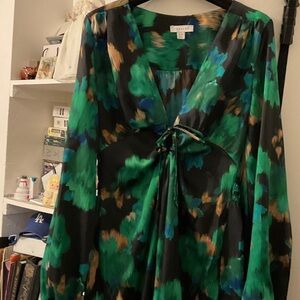 Topshop Green, Black & Blue Abstract Tie-Front Dress